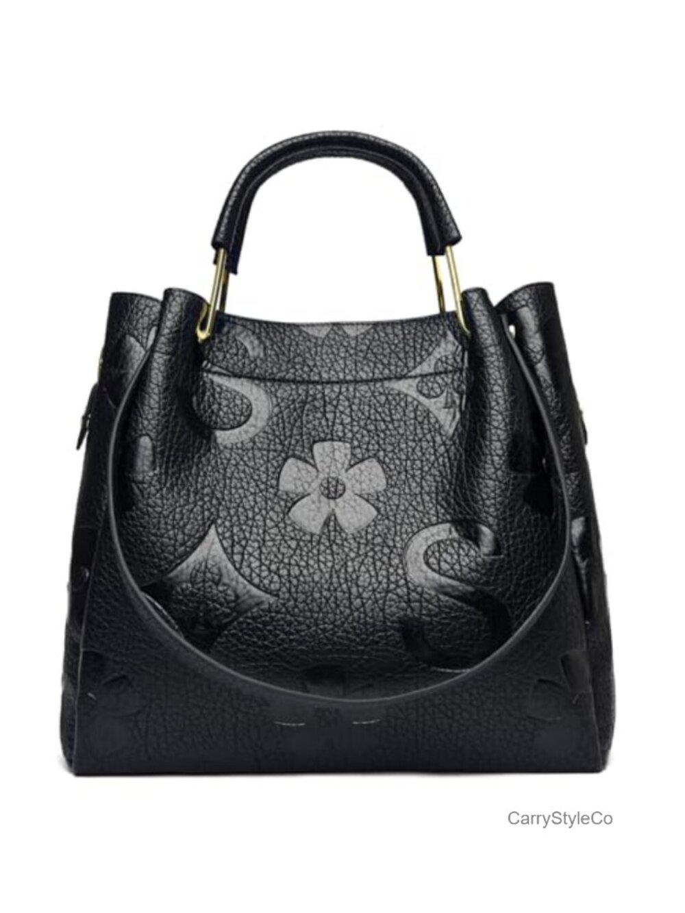 Floral Embossed Vegan Leather Bucket Handbag with Detachable Pouch - Top